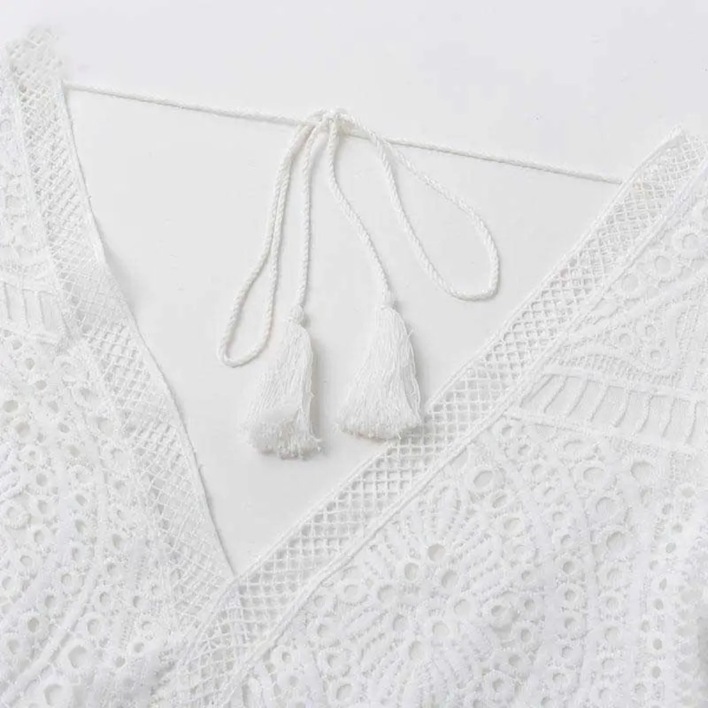 White Crochet Dress V Neck Tie Back, NWT - Picture 3 of 8